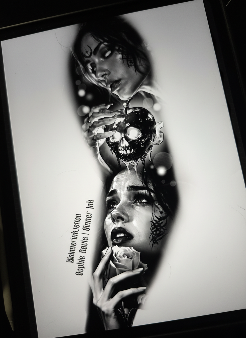 Beauty & Decay black-and-grey tattoo design featuring two women, floral details and liquid imagery