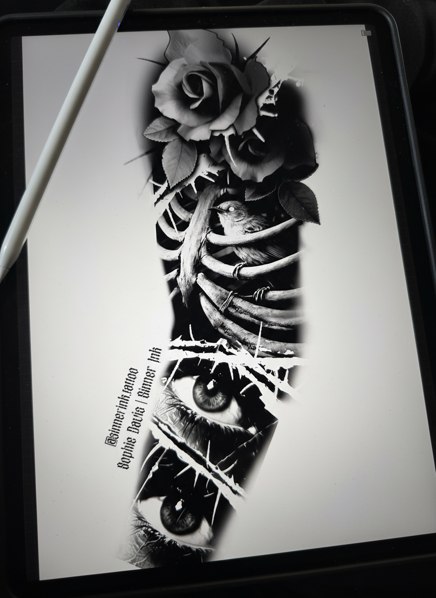 Fragile Things tattoo design with roses, skeletal hands, a bird and watchful eyes